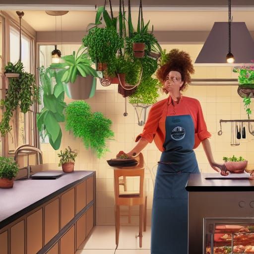 Vegan chef woman in well-lit bright kitchen with high ceiling, hanging plants, and stainless steel appliances