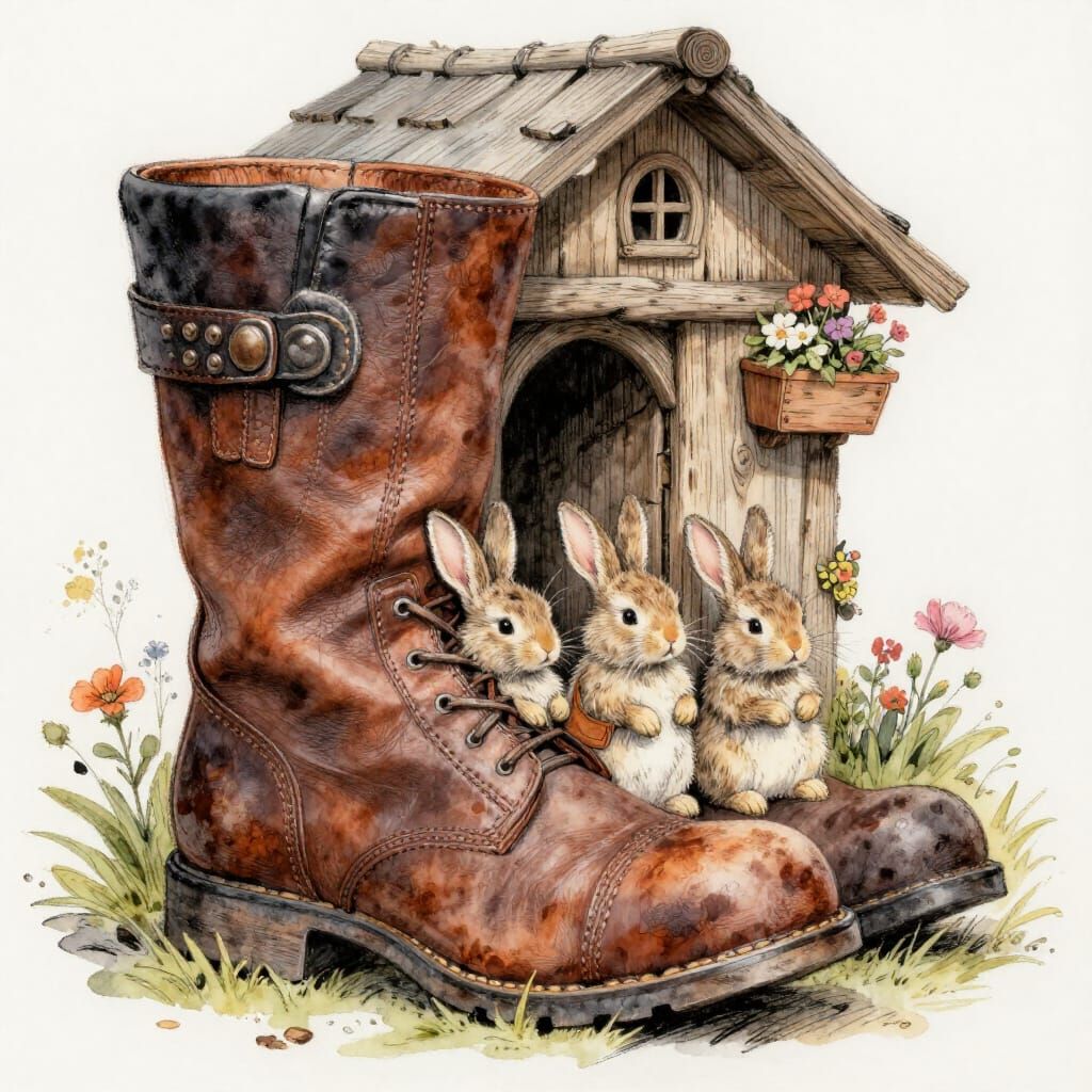 Bunnies in Boots Cottage: Watercolour and Charcoal Sketch