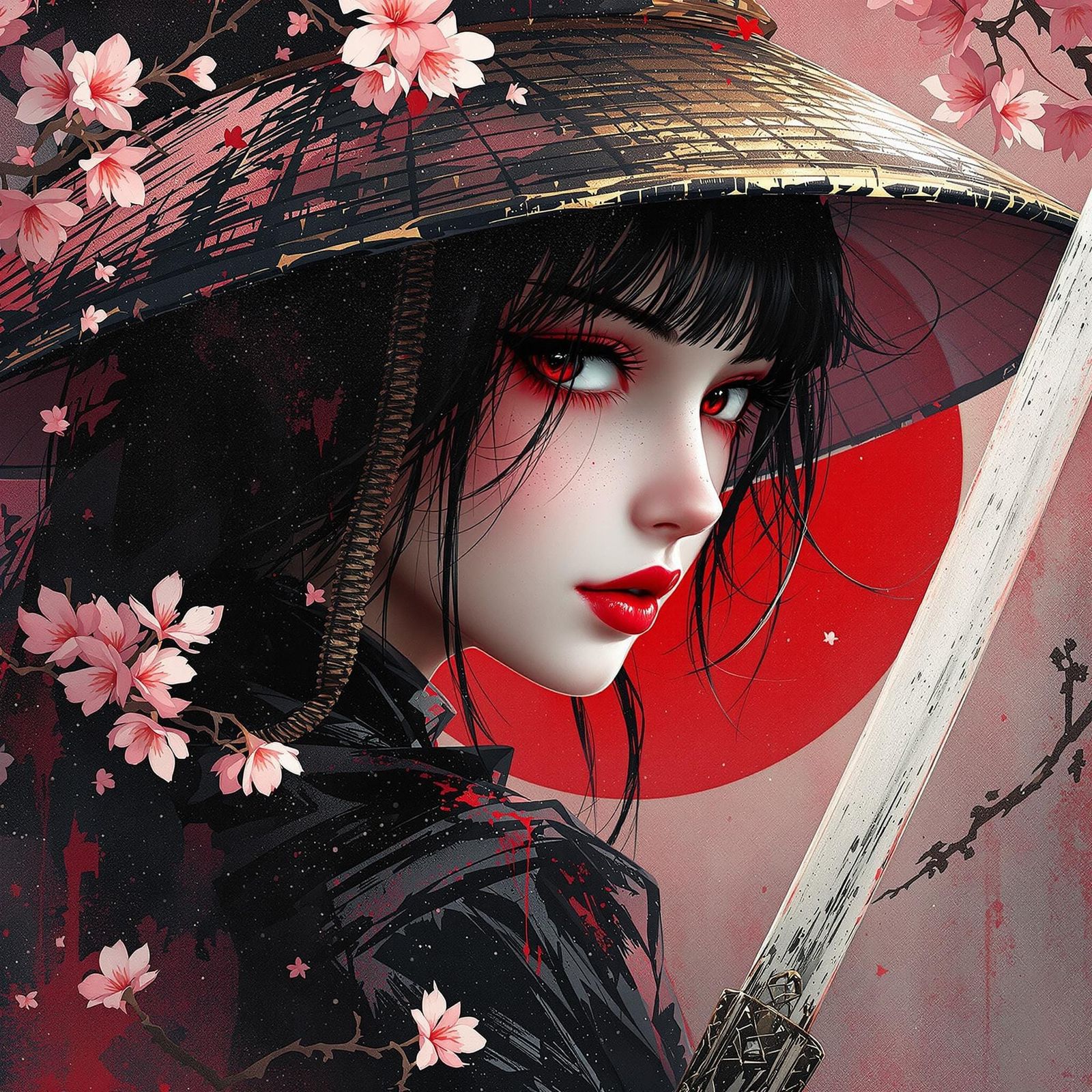 Black-Haired Samurai Girl with Katana in Quickbrush Style