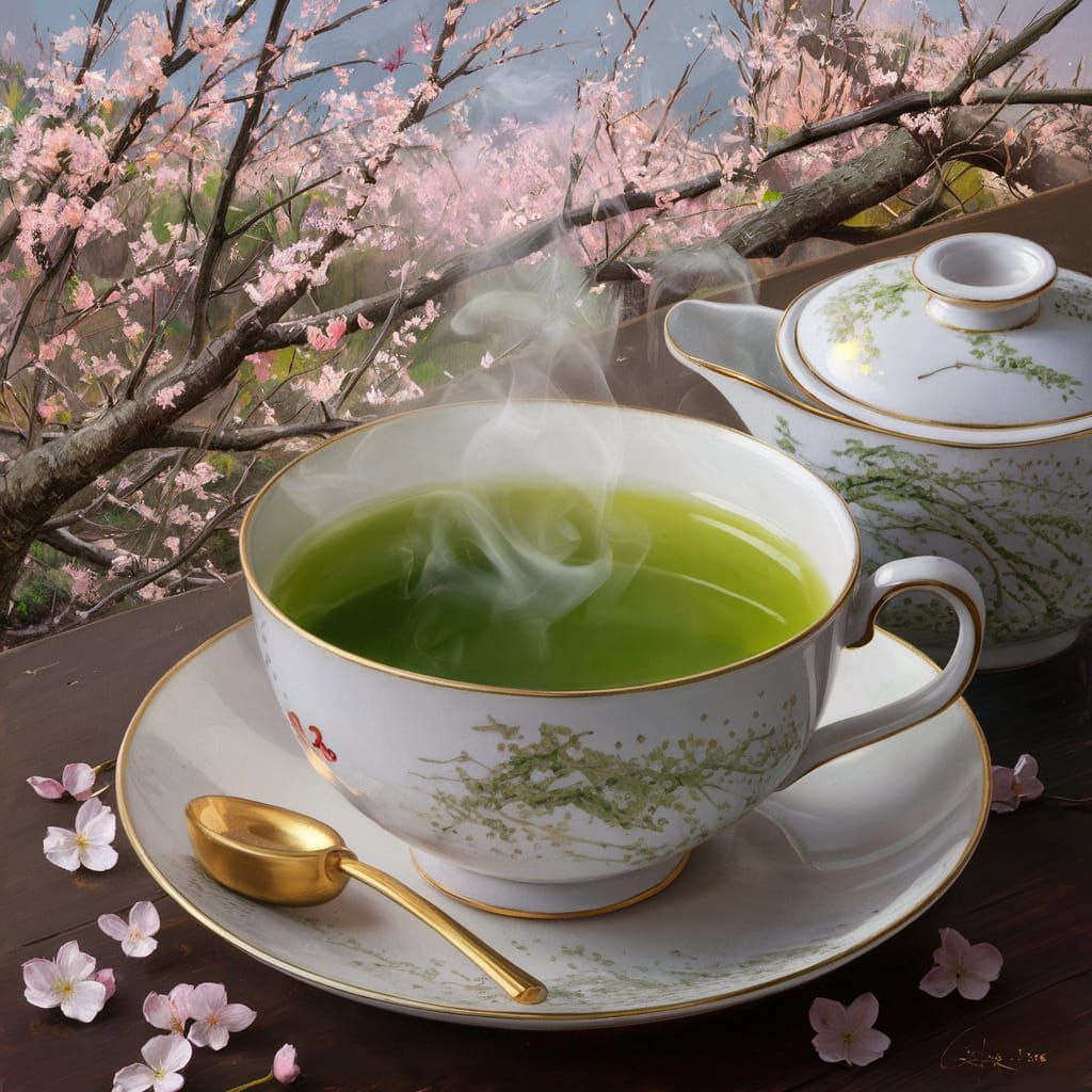 Matcha Tea with Sakura in Oil Painting Style