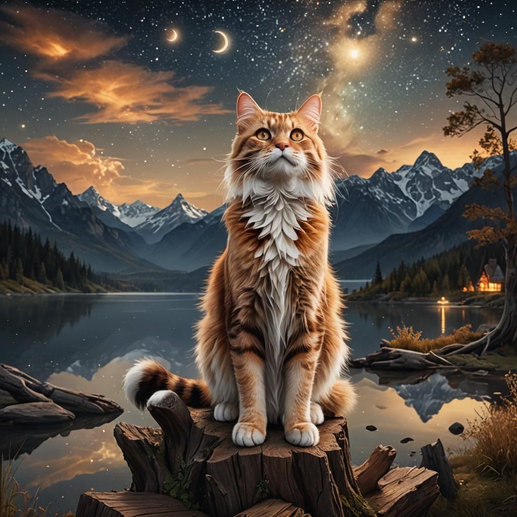 Orange Tabby Cat Gazing at Starry Night Sky