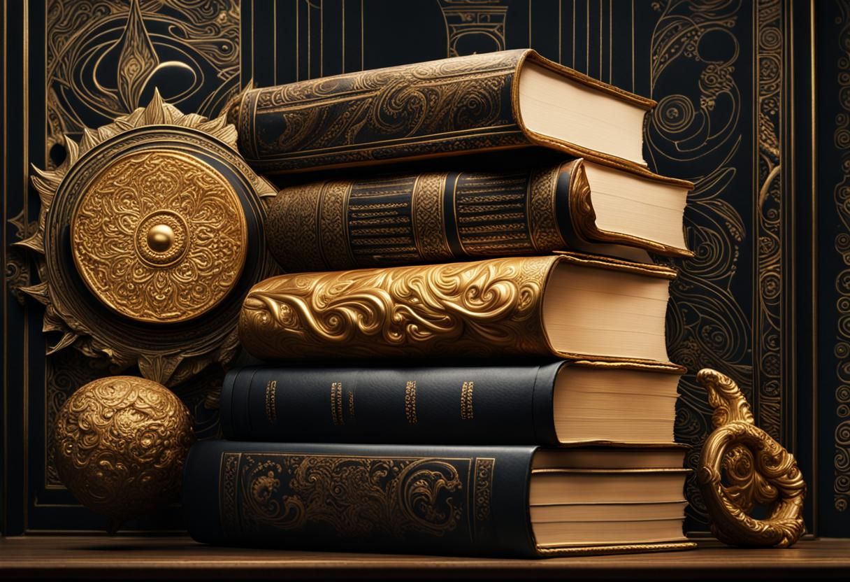 Gold Trimmed Books and Sculpture in Detailed Fantasy Art