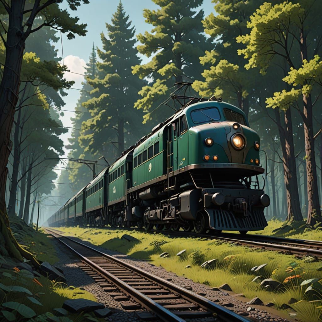 Lush Green Forest Railway in Vibrant, Fantastical Harmony