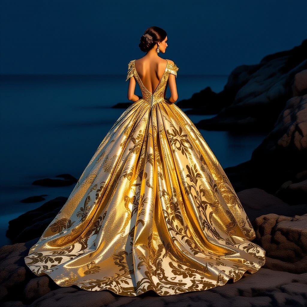 Woman in Golden Gown at Cliff's Edge
