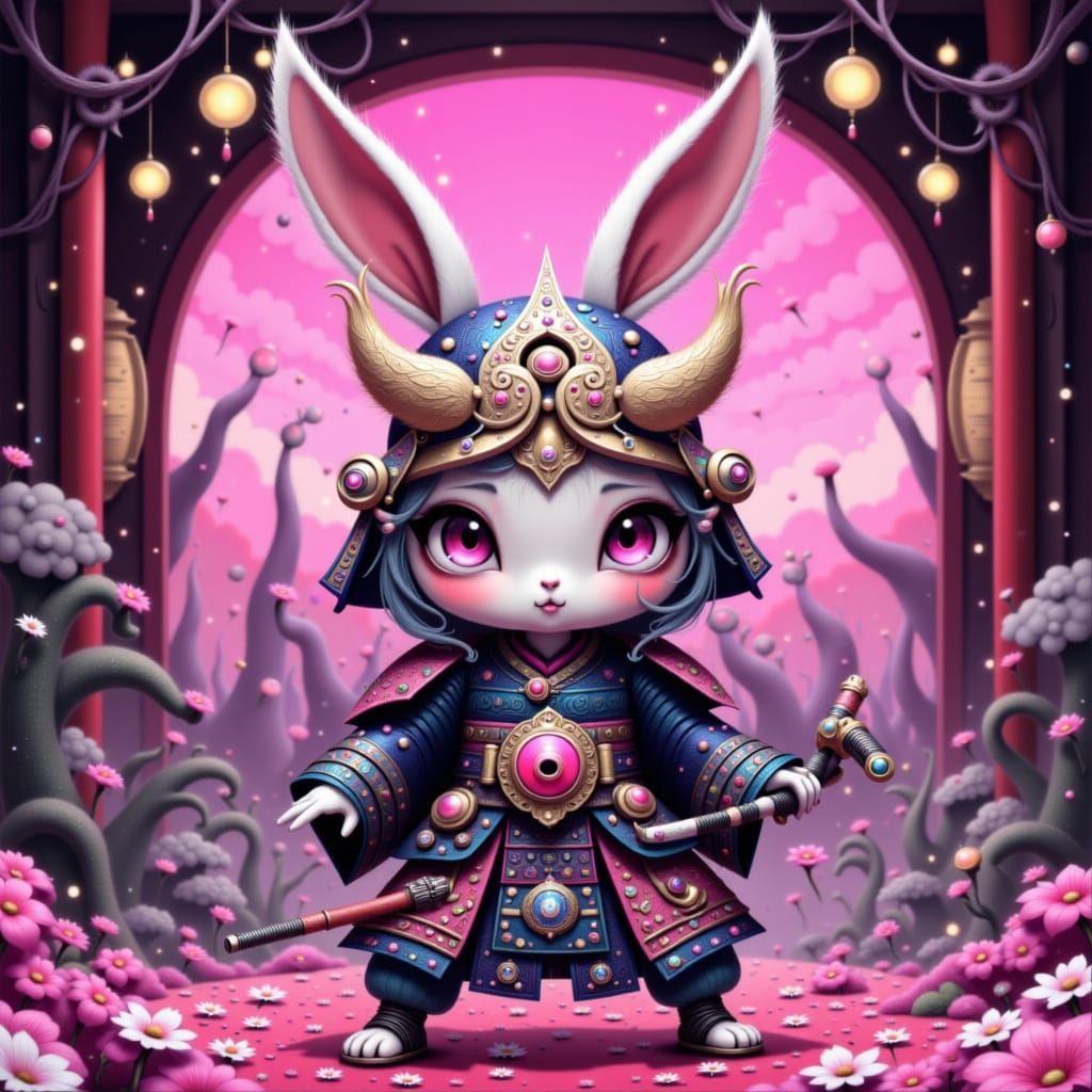 Bunny Samurai in Fantasy Dojo: Whimsical Digital Art