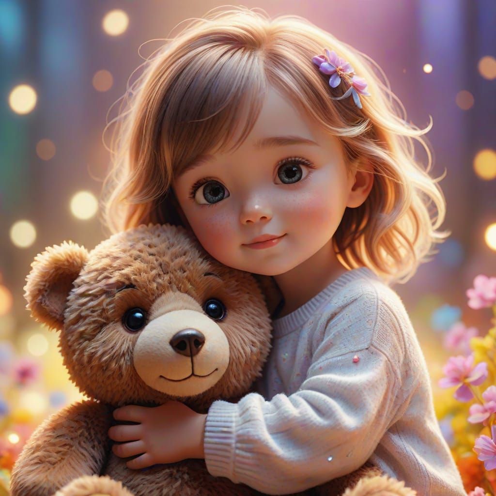 A Child Hugs a Cuddly Teddy Bear in a Warm, Magical Light