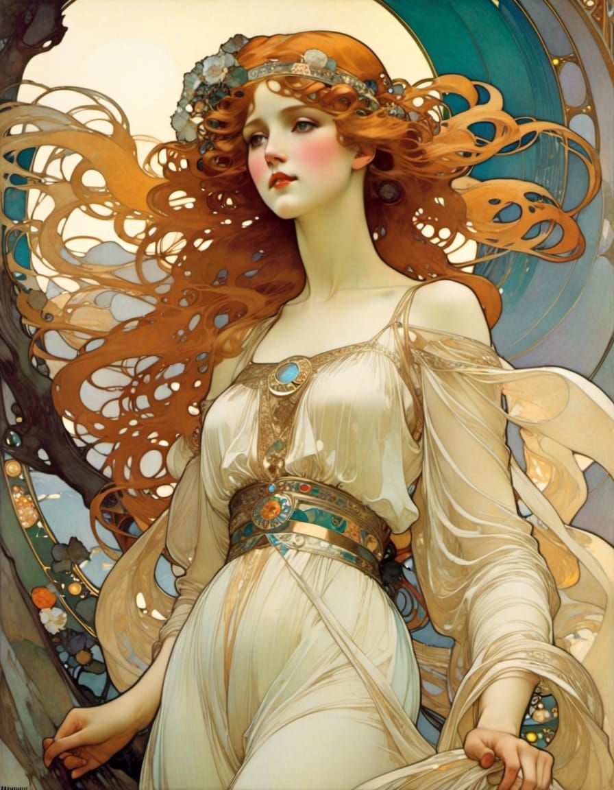 Art Nouveau Girl with Copper Curls on Cliff
