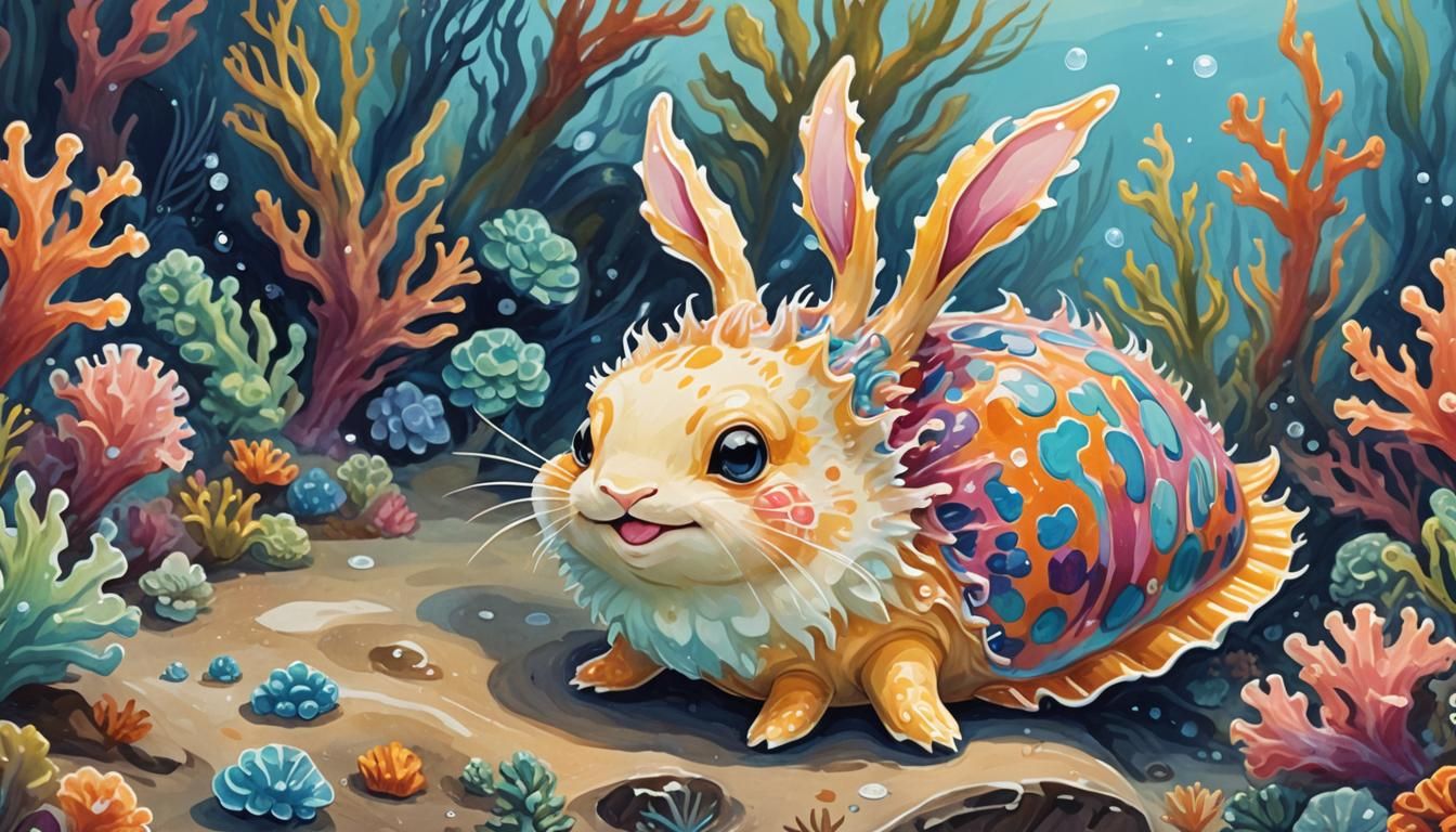 Cute Kawaii Sea Bunny Sea Slug in Gouache Style