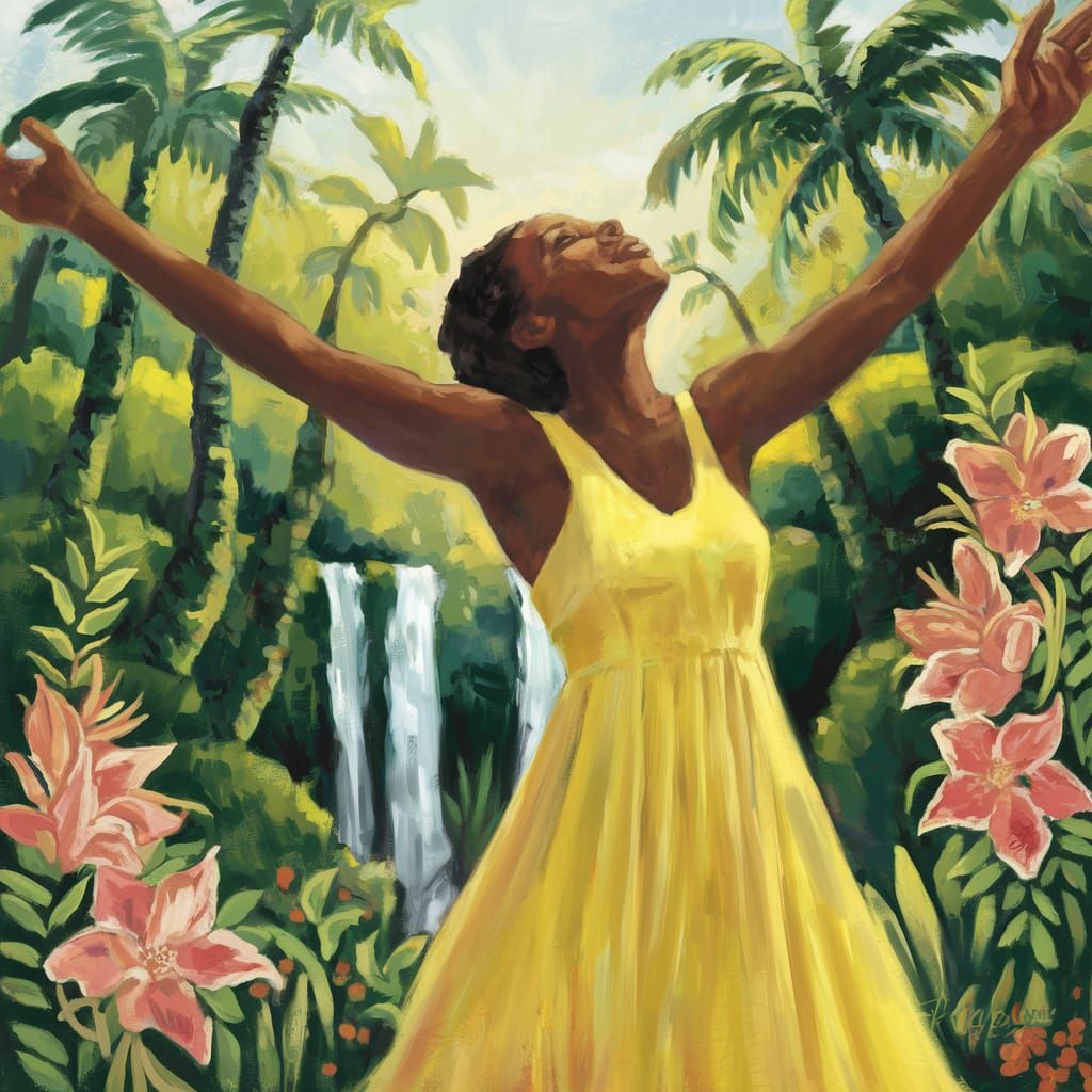 Woman in Yellow Sundress Basks in Tropical Paradise
