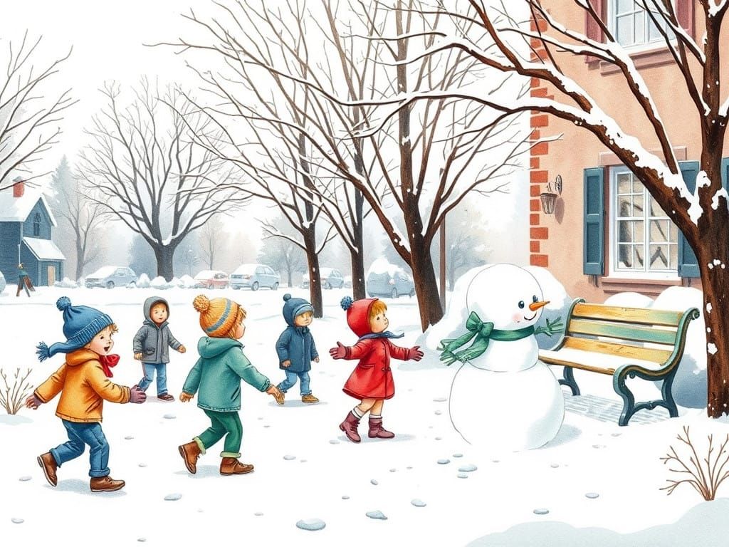 Playful Children Enjoy Winter Wonderland in Soft Watercolor....