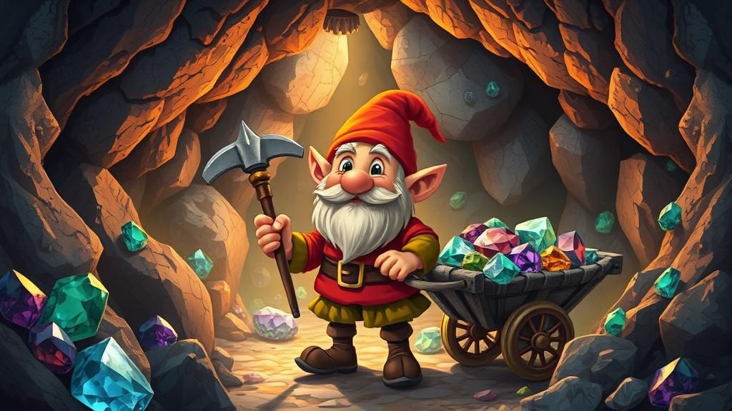 Cartoon Dwarf Miner in Gemstone Mine