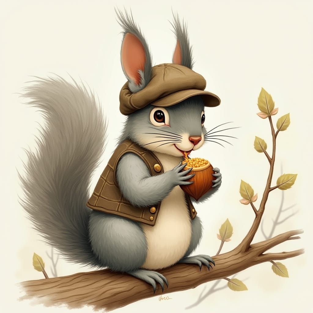 Squirrel's Mischief: A Whimsical Storybook Scene