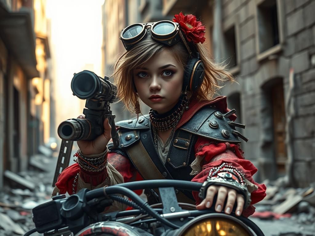 Wasteland Raider in Ravaged Alleyway, Gustave Doré Style