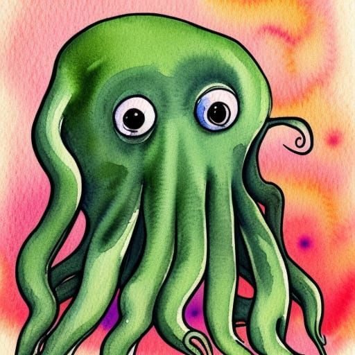 Shy Cthulhu in Watercolor Style