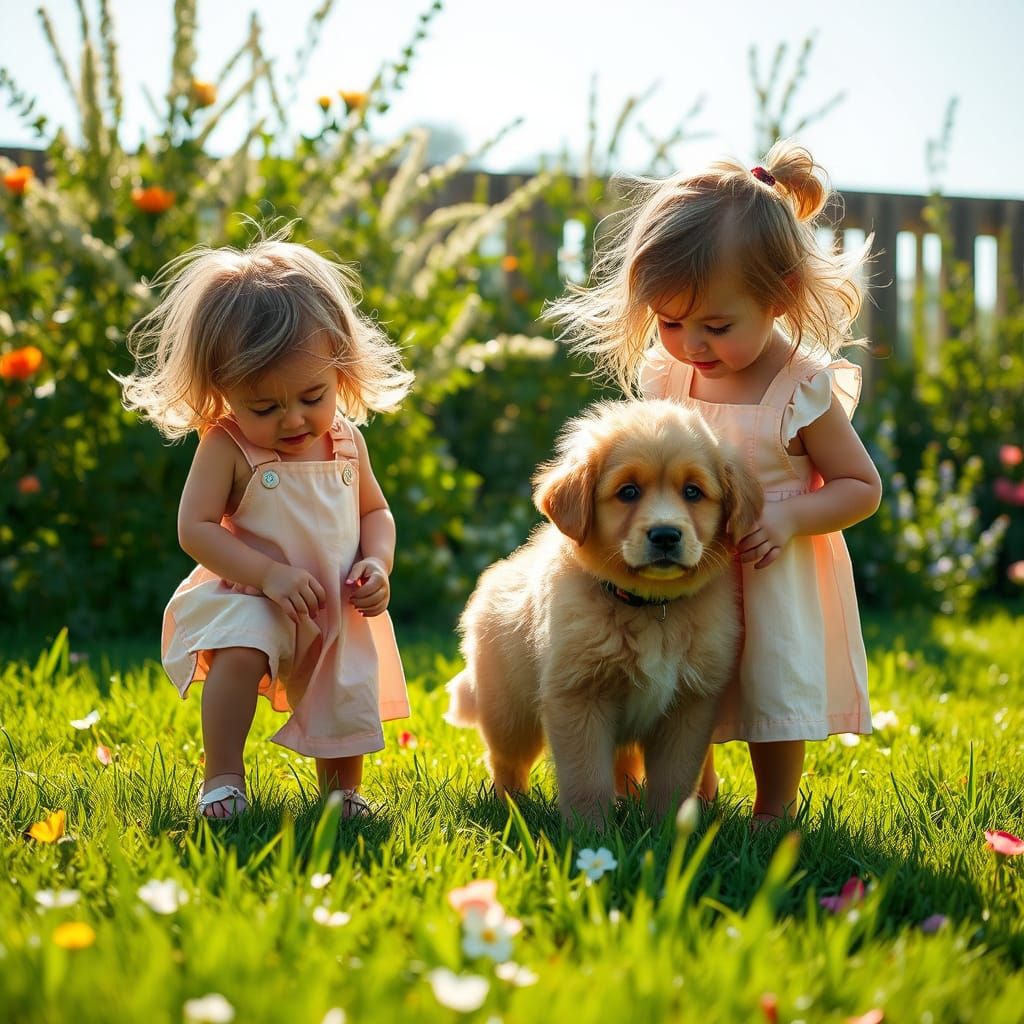 Kids Play with Puppy in Sunny Garden