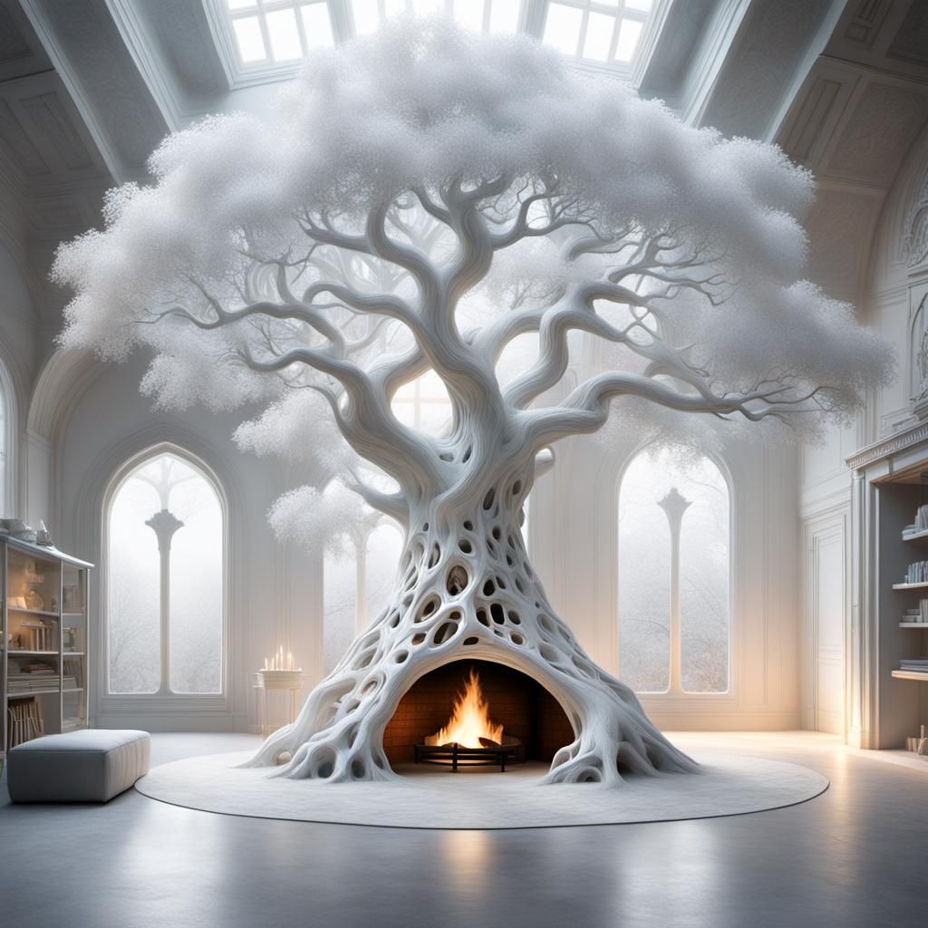 A white tree sitting in a room with a fireplace, in the style of nebulous forms, detailed world - building, organic form...