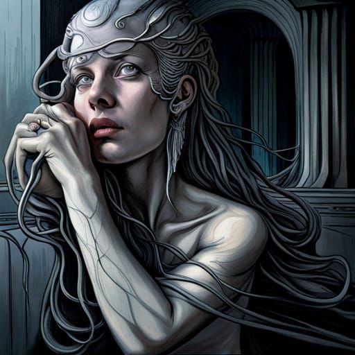 Surreal Girl in Grey Garden, Hyperrealistic Art