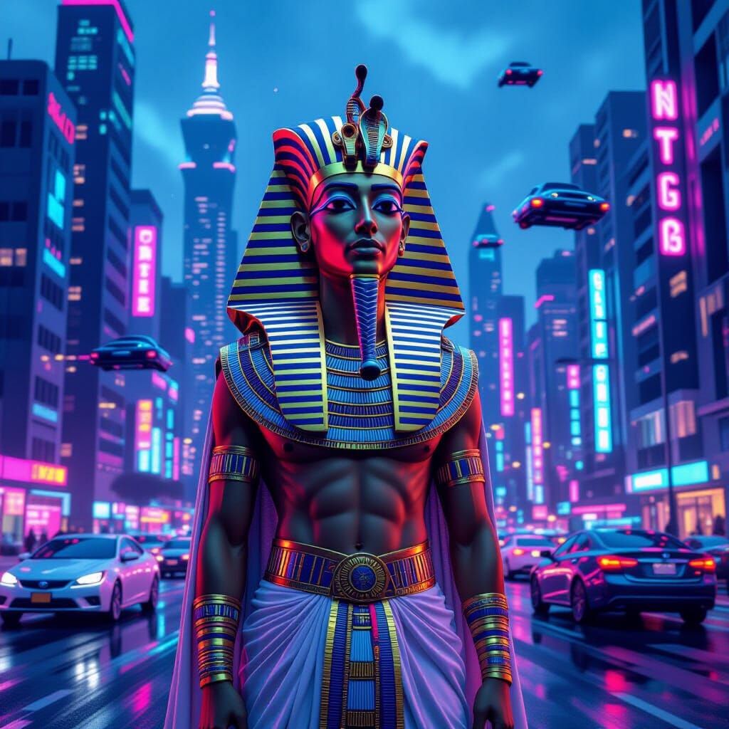 Pharaoh in Cyberpunk Cityscape: Digital Art