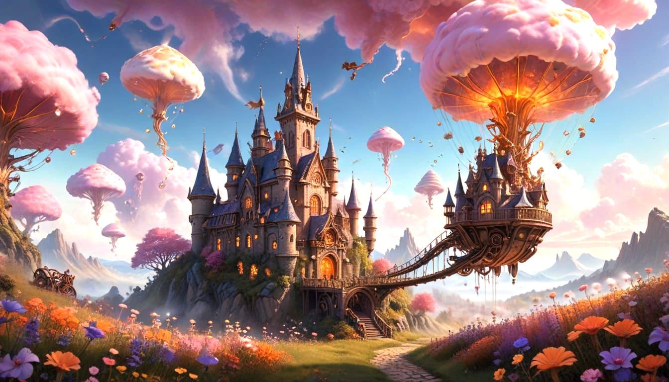 Vibrant Steampunk Wonderland with Fantasy Creatures