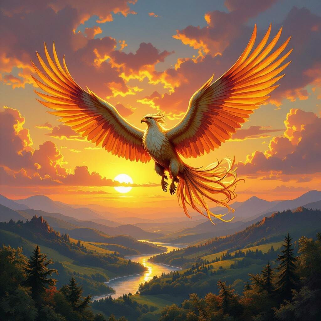 Griffin Soaring Through Sunset Sky in Fantasy Style