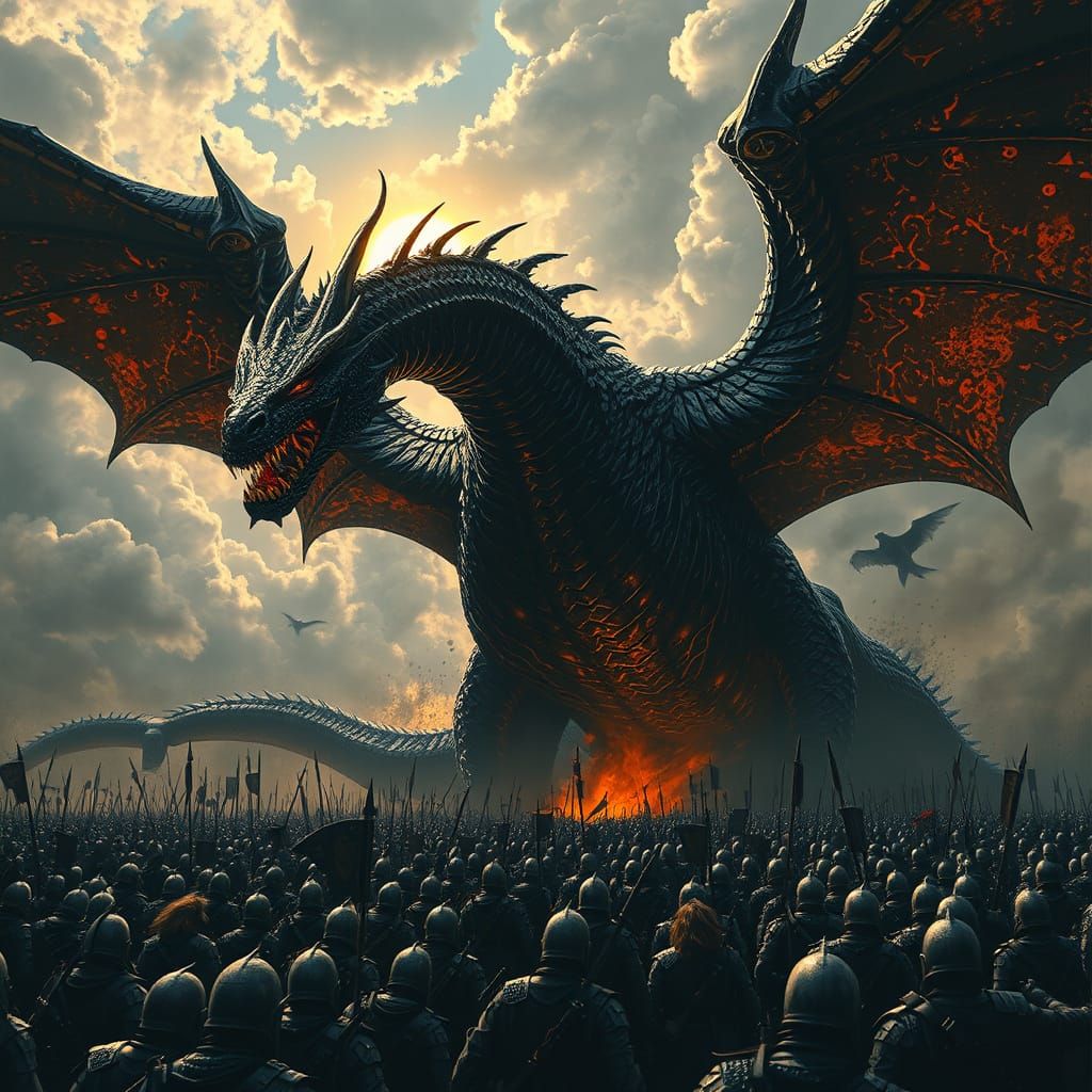 Majestic Dark Fantasy Dragon Dominates Medieval Battlefield