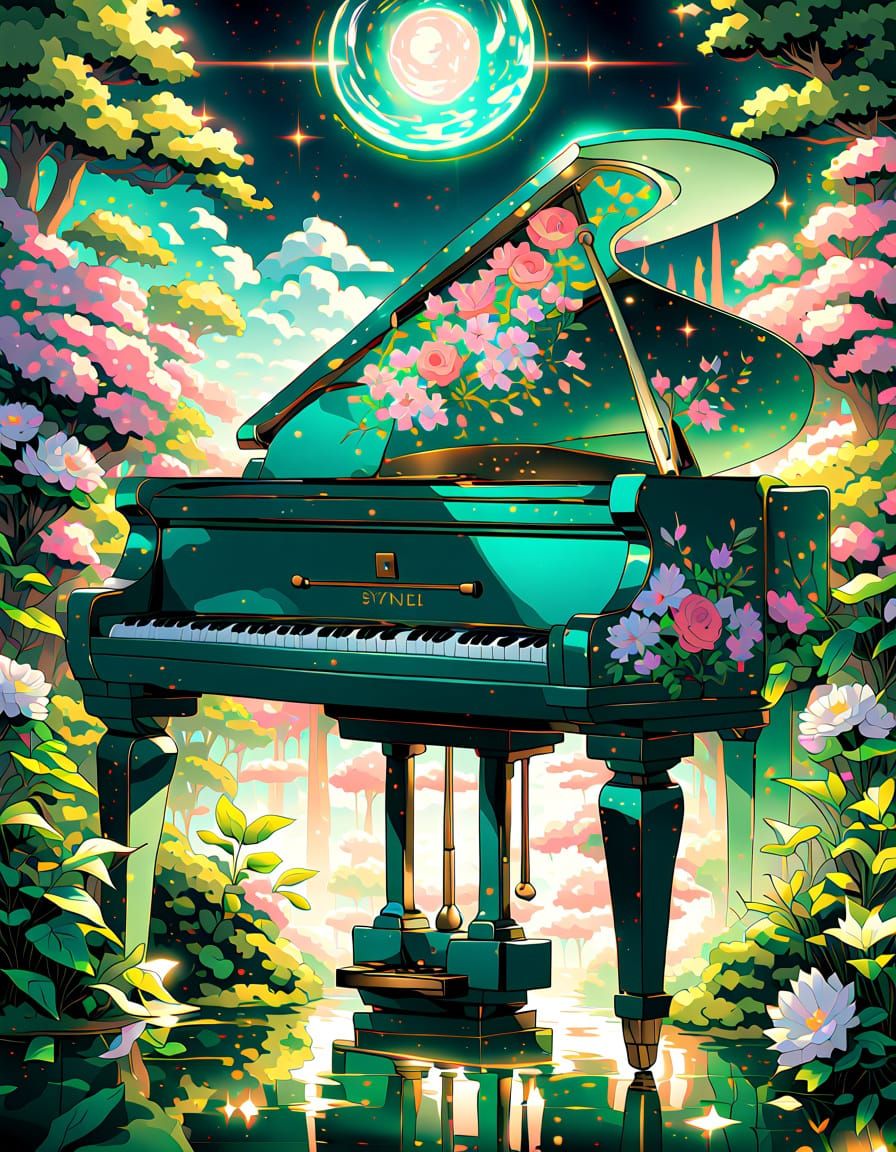 Godlike Piano in Serene Garden Anime Art