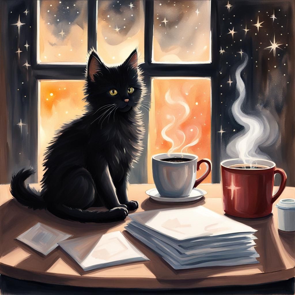 Kitten Enjoying Coffee: A Gouache Painting