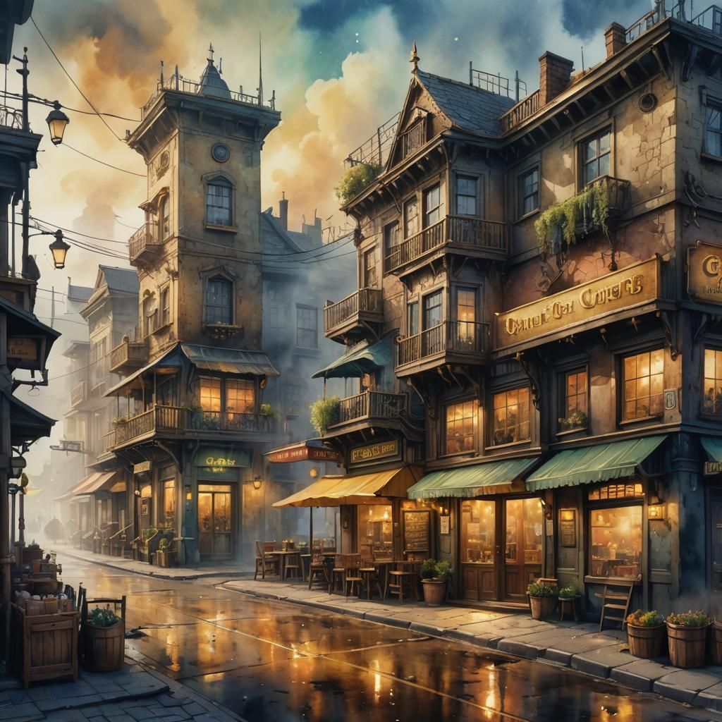 Misty Golden Street Corner as Detailed Matte Painting