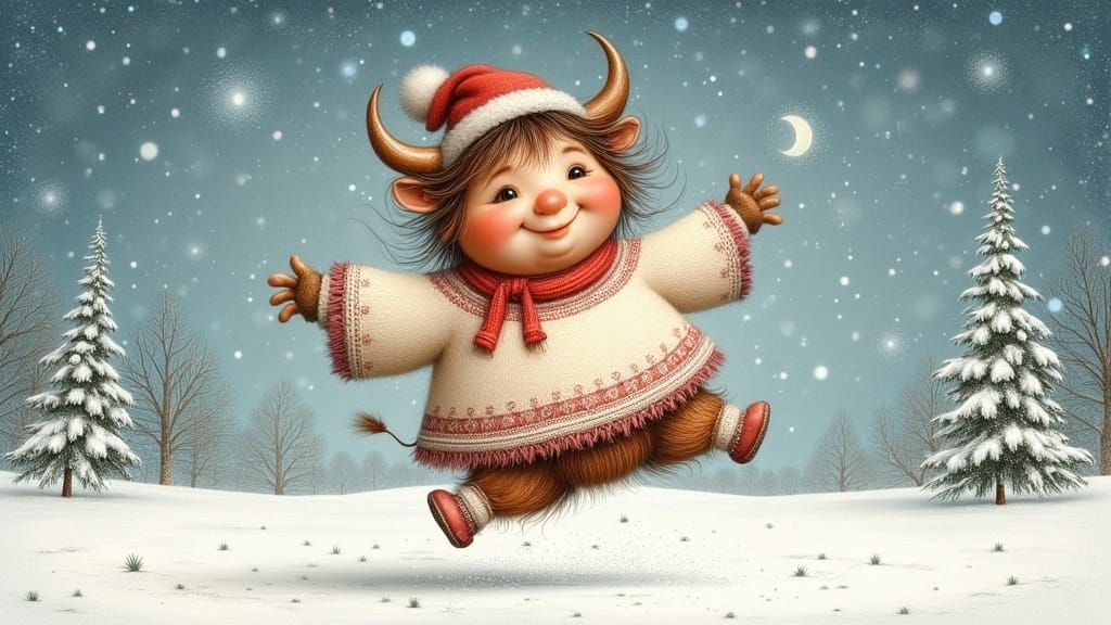 Whimsical Highland Calf Leaps in Winter Wonderland