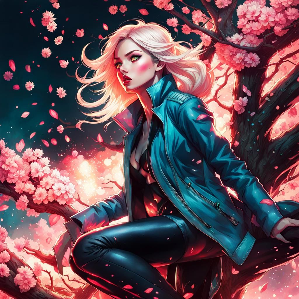 Woman in Cherry Tree: Comic Book Style