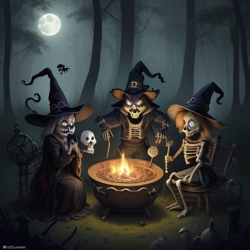 Raccoons in Halloween Masks Brew Potion