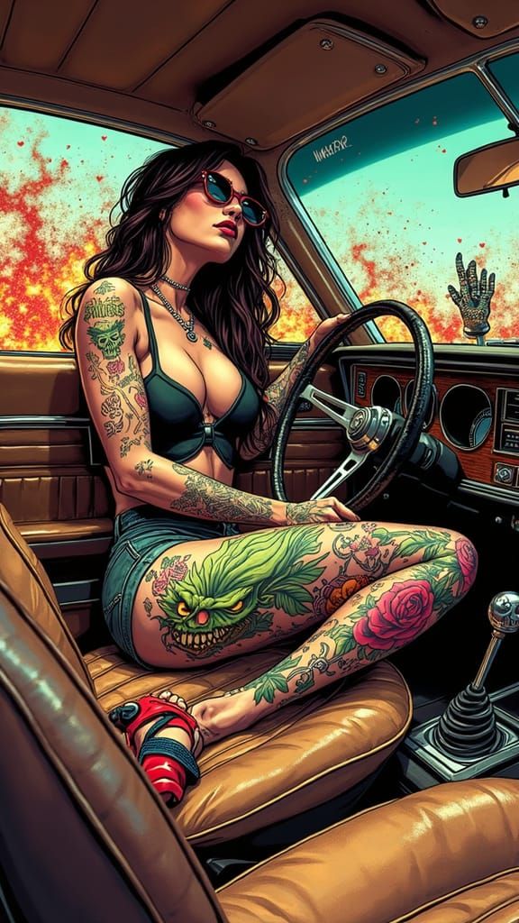 Comic Book Femme Fatale in Retro Muscle Car