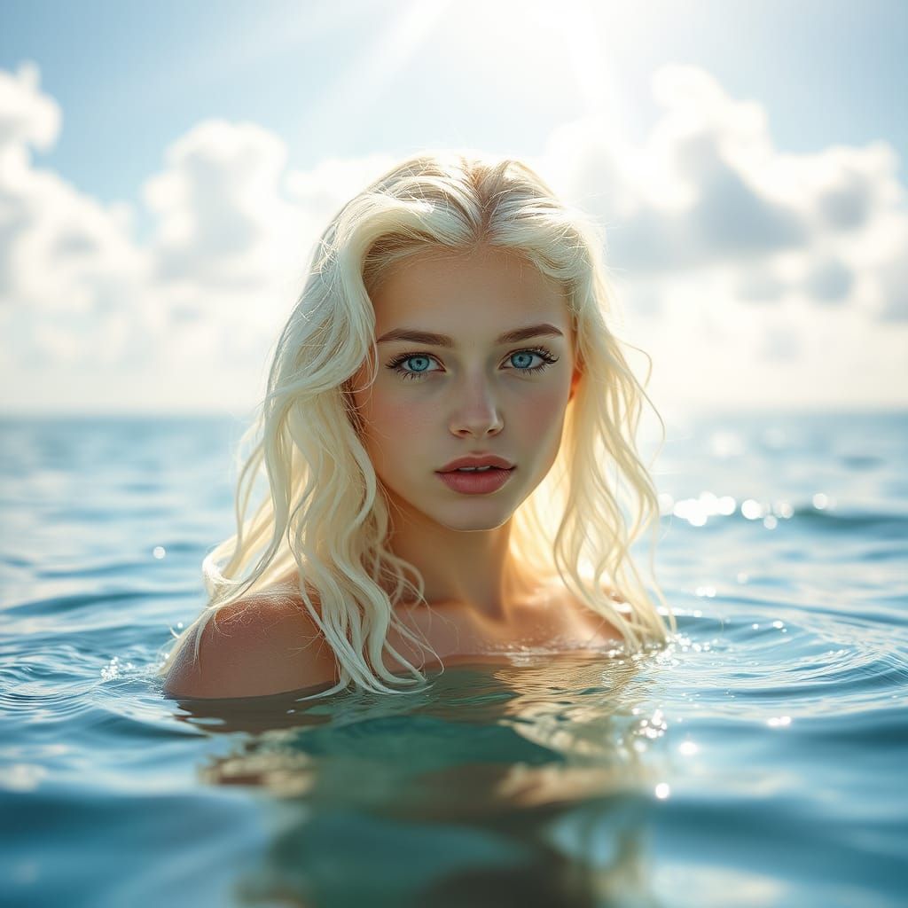 Beautiful Mermaid in Ocean Depths with Glowing Lights