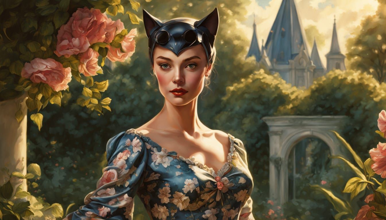Noble Catwoman in Floral Gown, Rococo Portrait