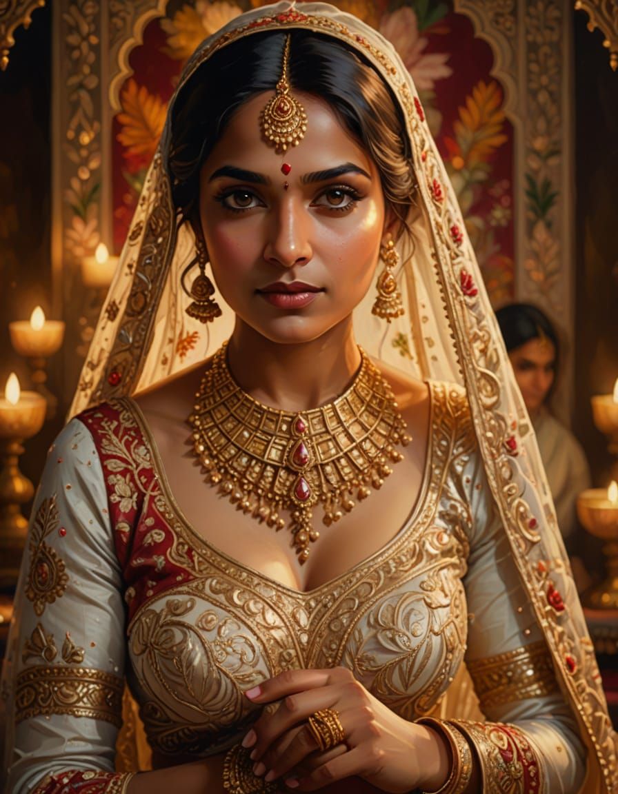 Indian Woman in Traditional Wedding Gown: Oil Painting