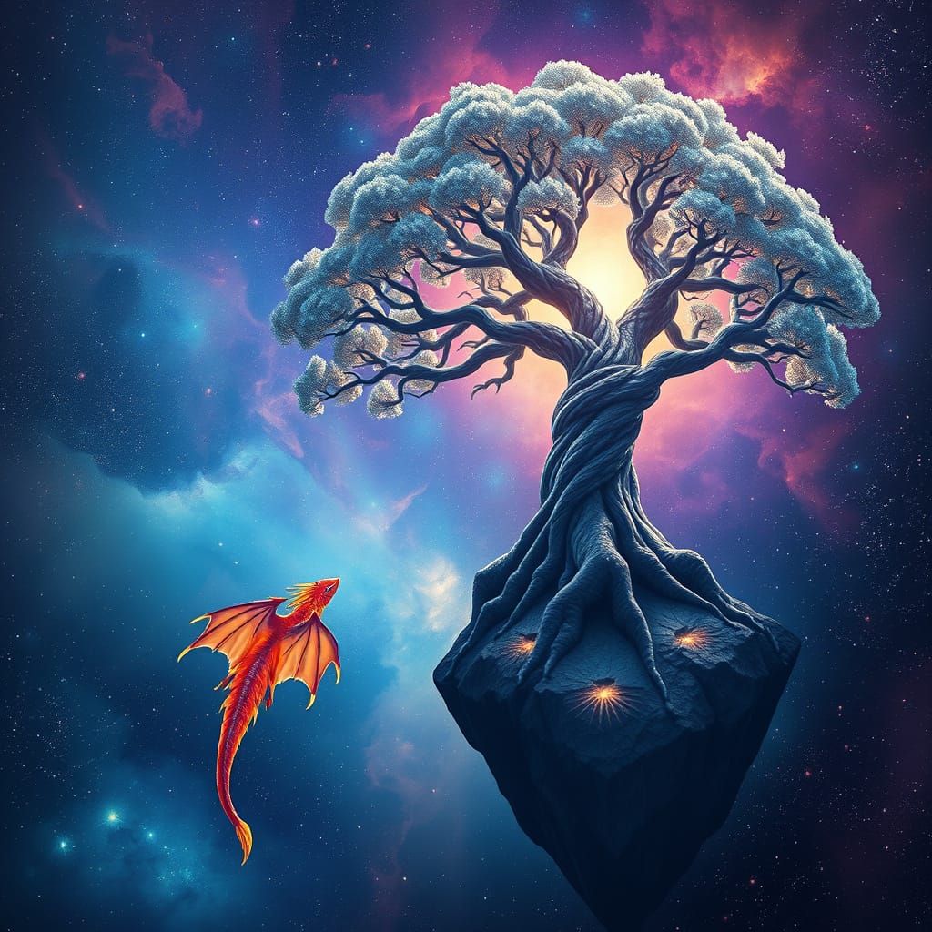 Glowing Dragon in Nebula Gazing at Ancient Tree