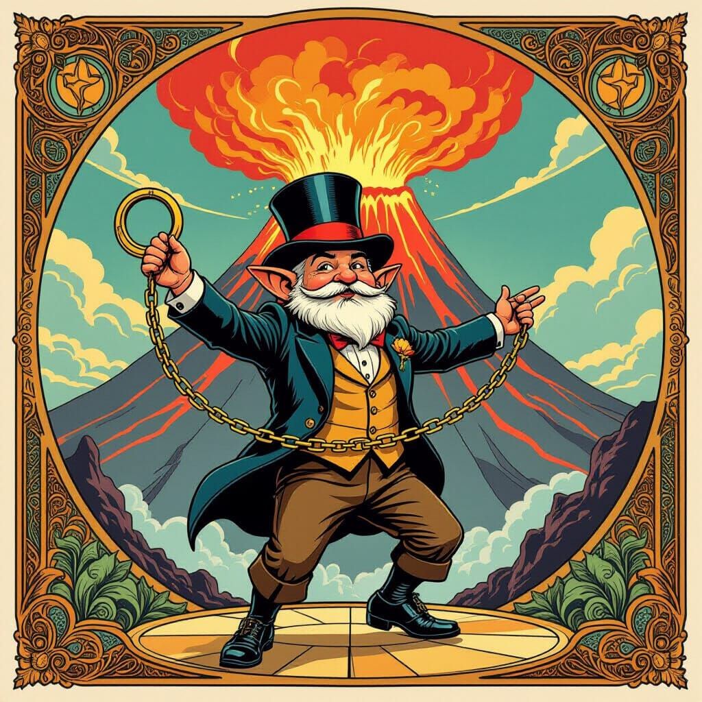 Hobbit Tapdancing with Ring Before Volcano in Art Deco Style