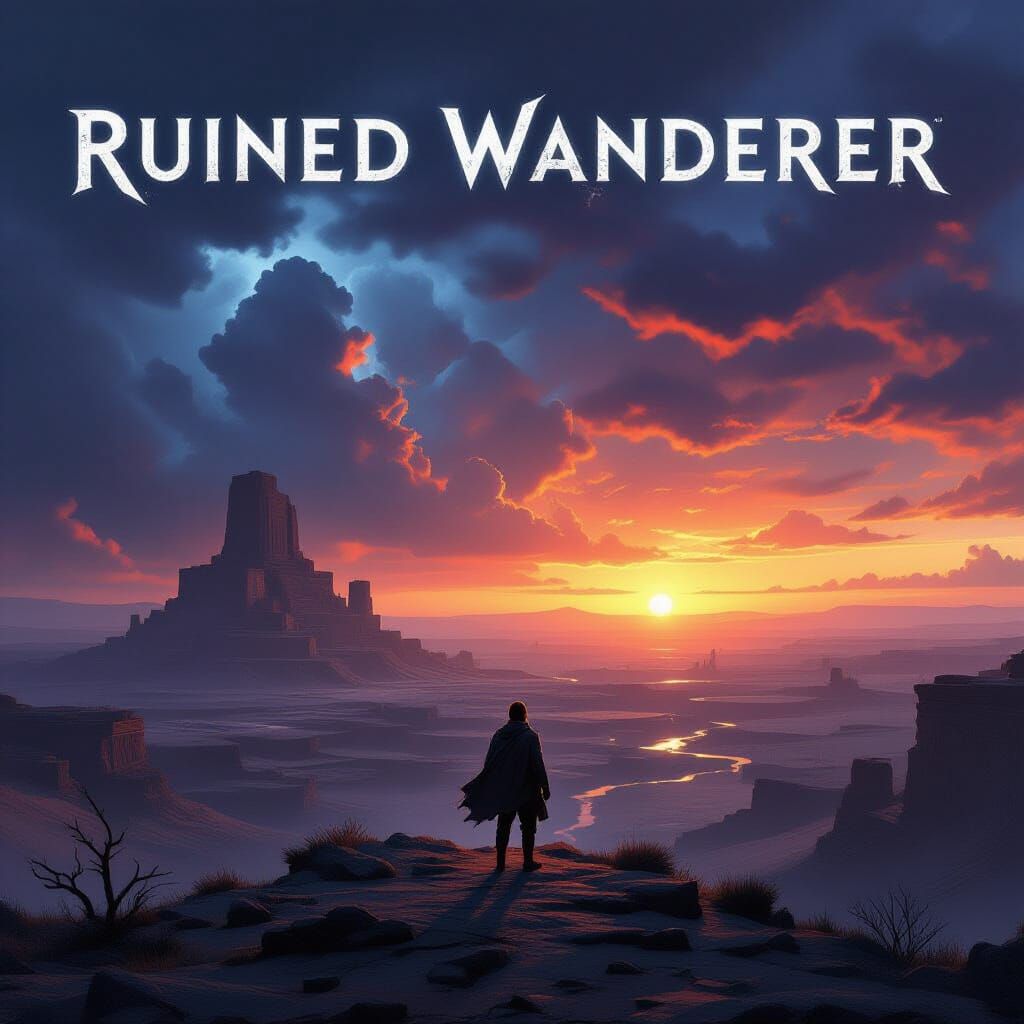 Lone Wanderer Overlooking Ruined Civilization at Sunset