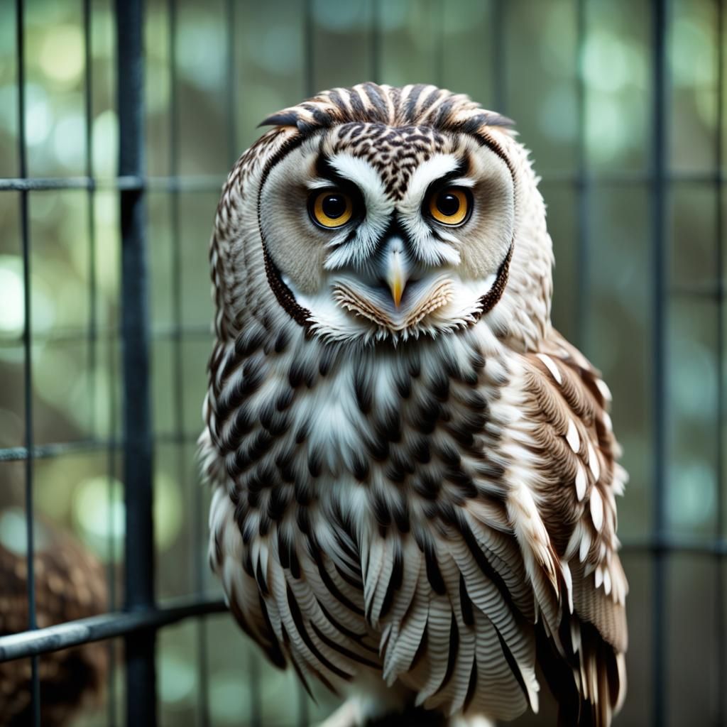 Hyperrealistic Owl Portrait in Cage