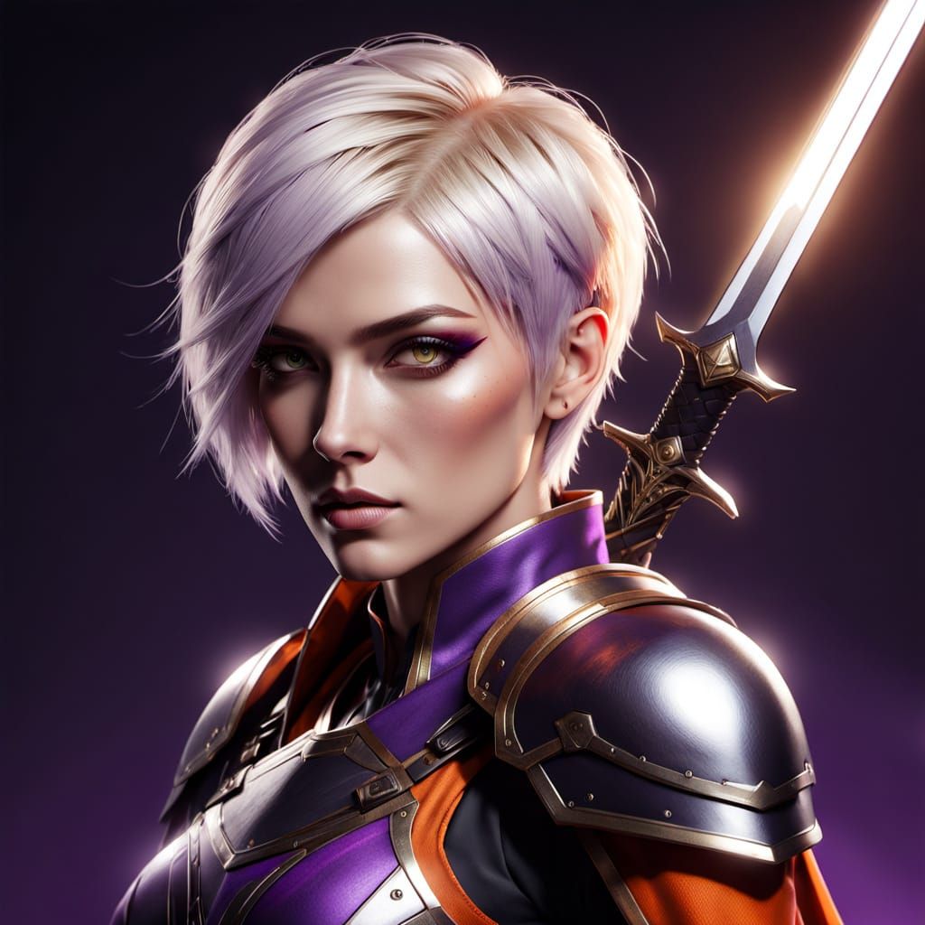 Fantasy Warrior in Regal Attire, Holding Triumvirate of Swor...