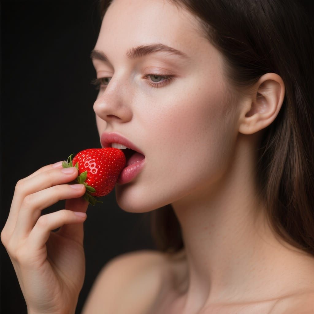 Hyperrealistic Woman Bites Strawberry with Vibrant Colors