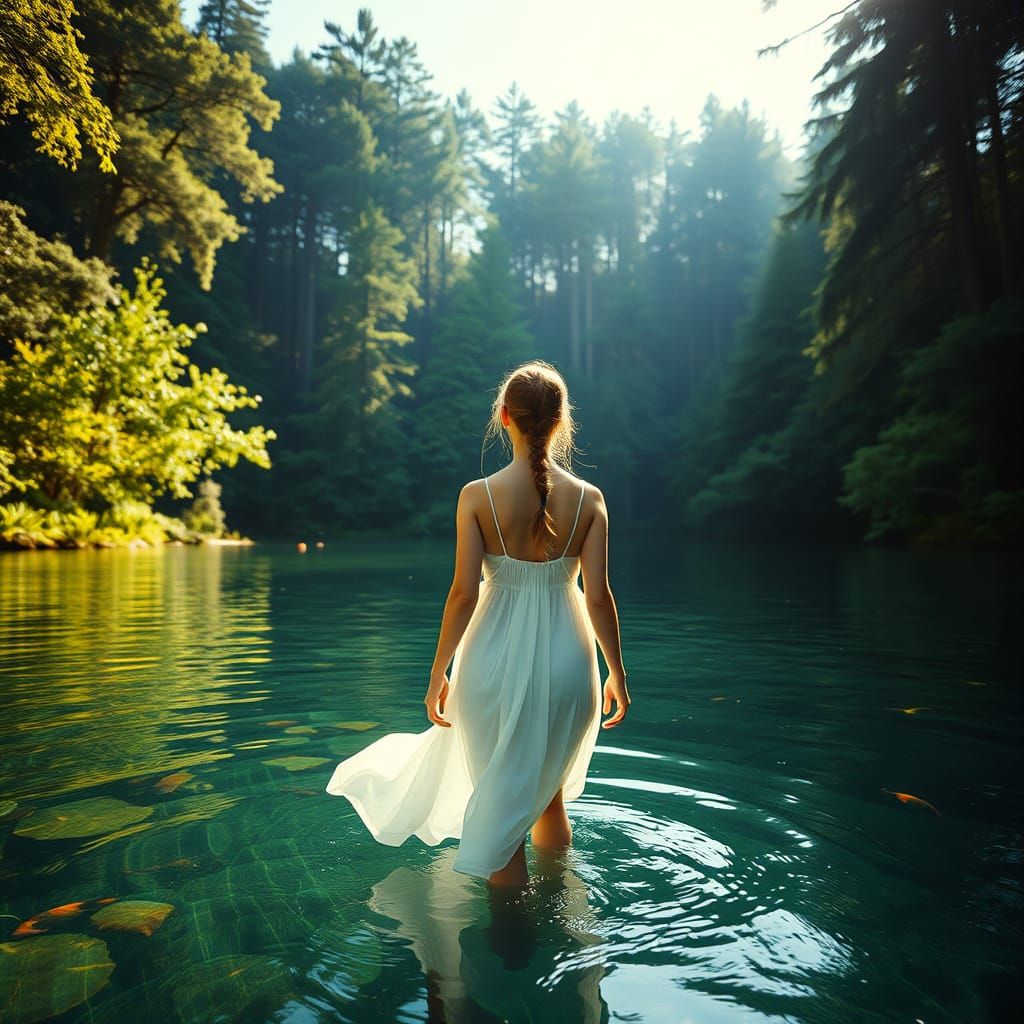 Girl in Serene Lake Landscape with Dense Forest
