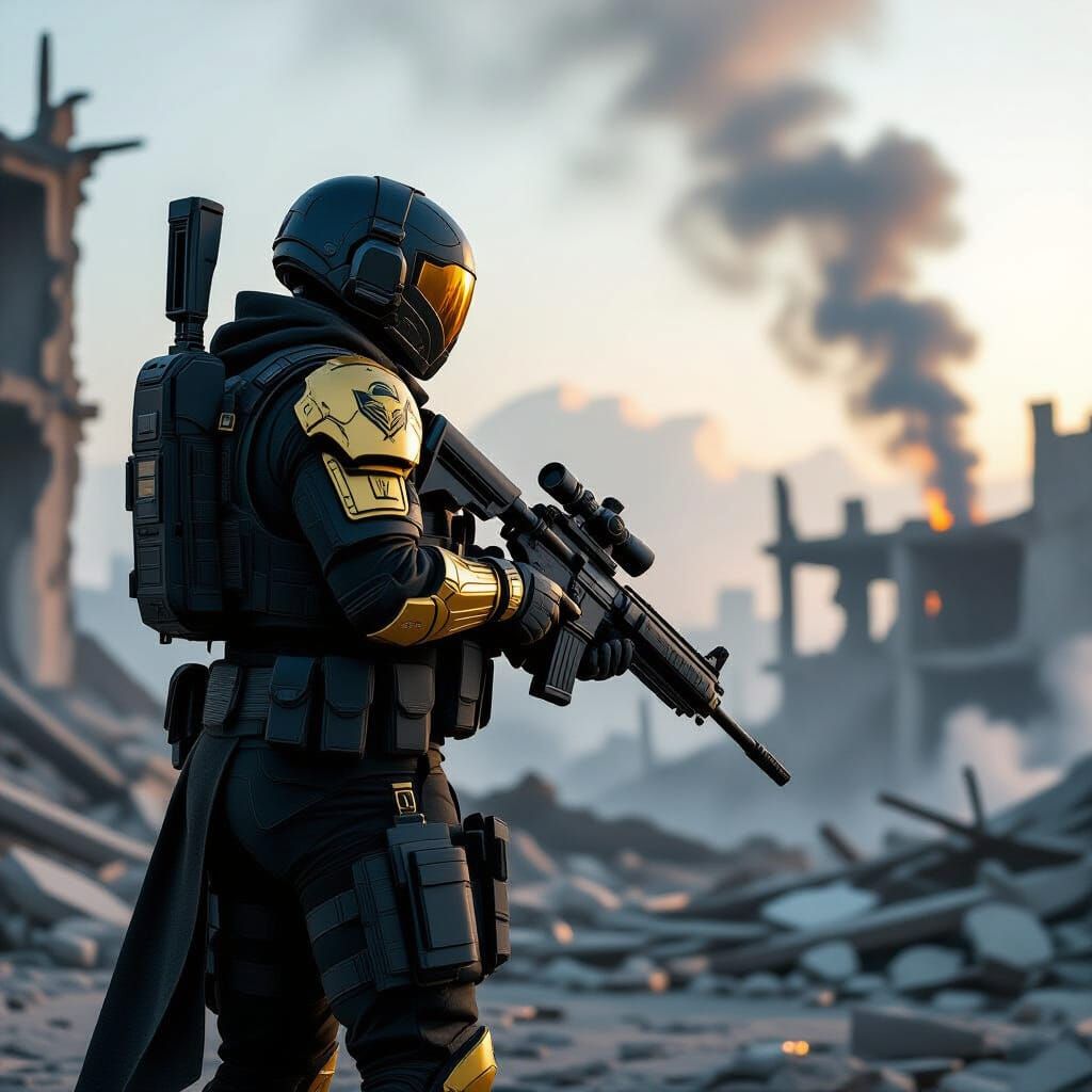 Futuristic Soldier in Dystopian Ruins