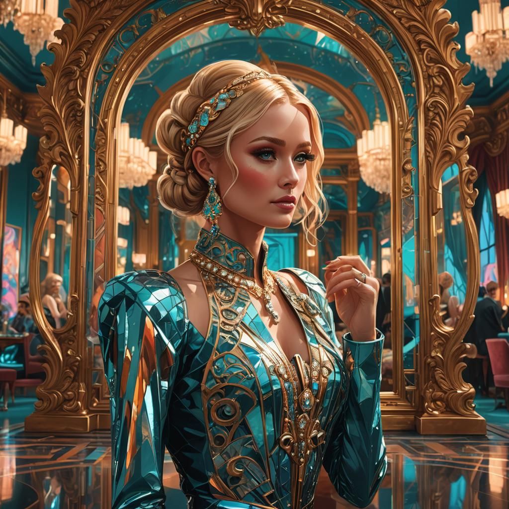 Paris Hilton in Baroque Mirrors, Art Deco Illustration