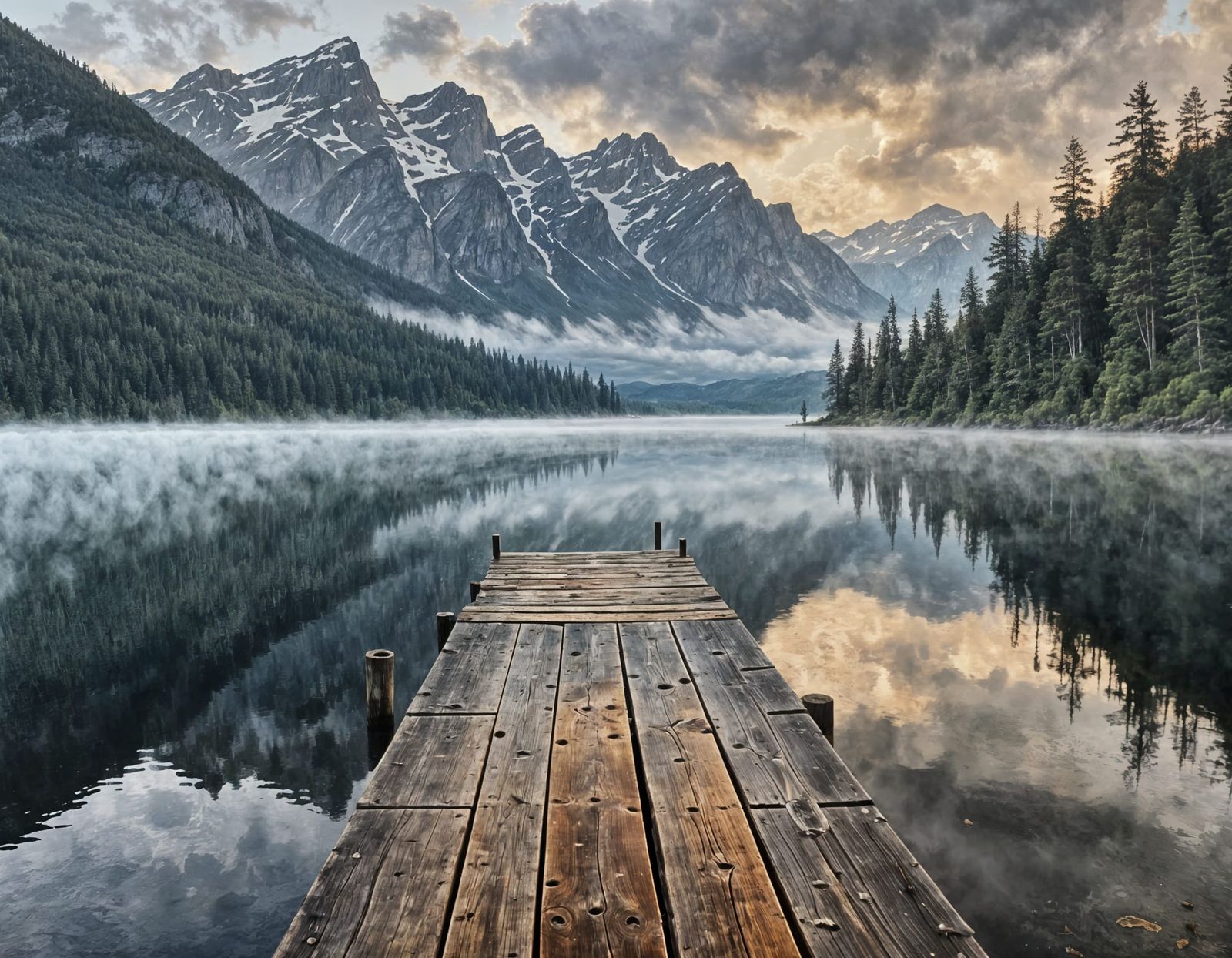 Foggy Lake Dock in Oil Painting Style