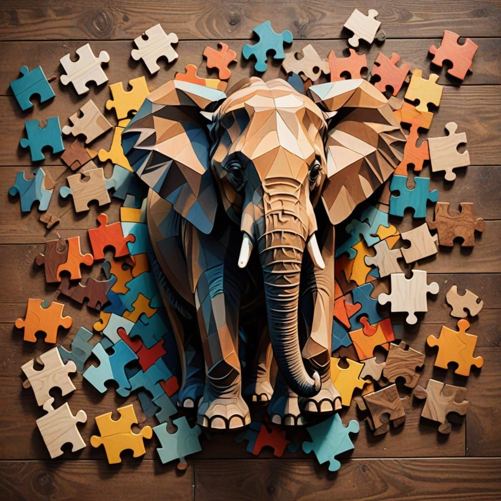 Low-Poly Elephant Puzzle Art in Vibrant Escher Style