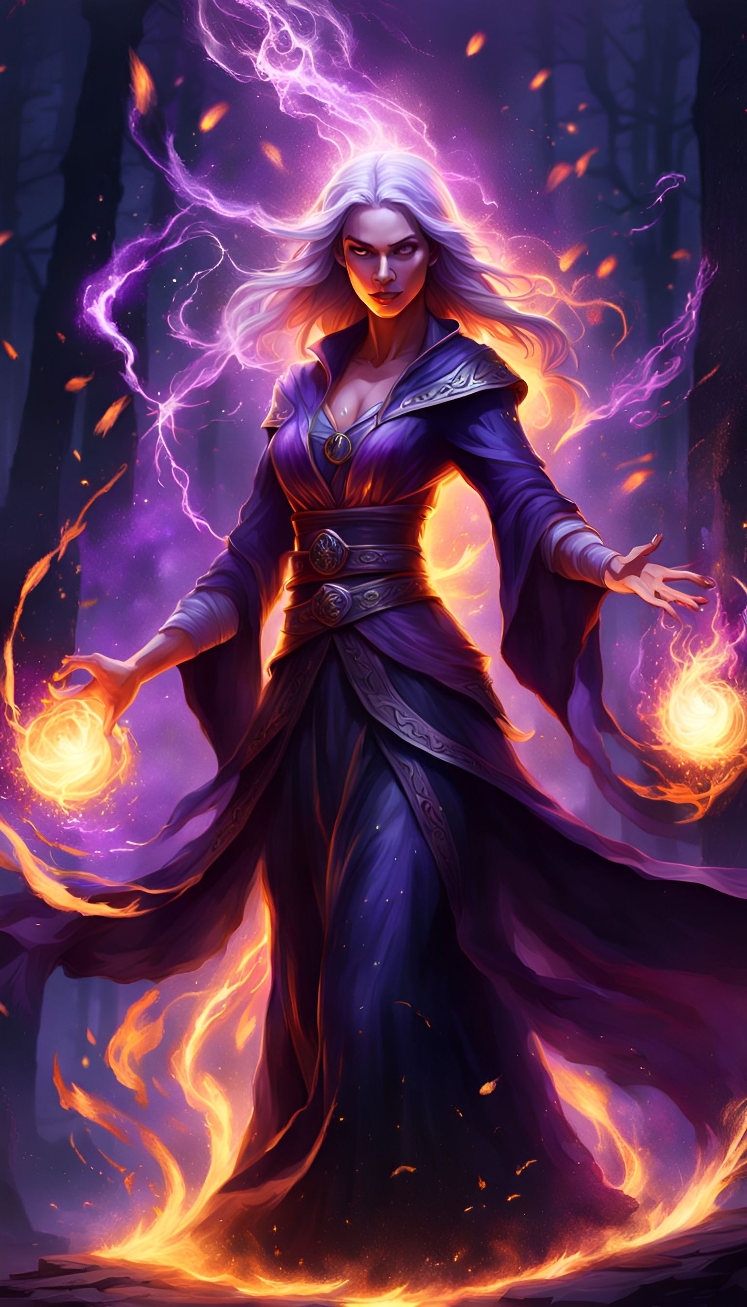 Sorceress Casting Spell with Purple Sparks, Digital Art