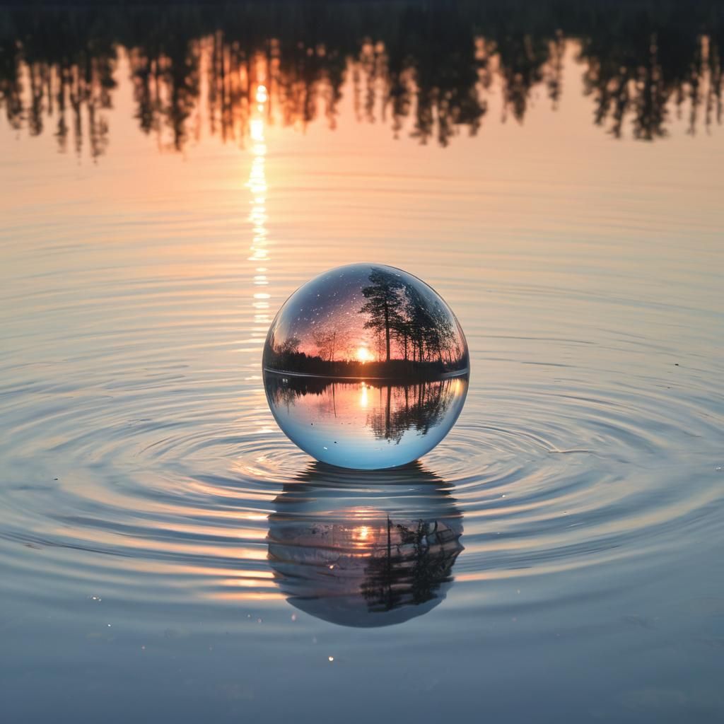 Infinite Calm Water Reflects Serene Sunset with Glass Sphere...