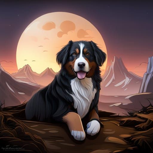 Moustached Bernese Mountain Dog in Detailed Digital Painting