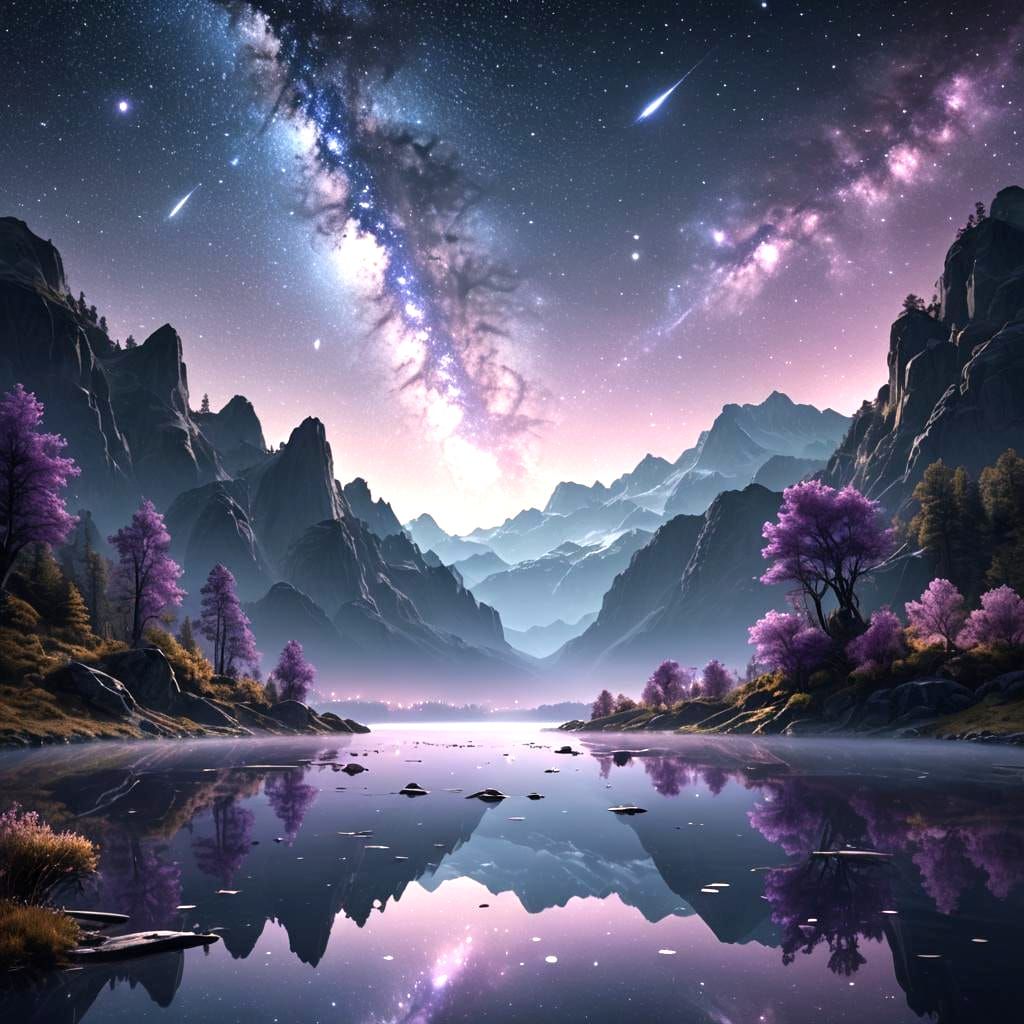 Ethereal Starry Night Sky Reflected on Lake